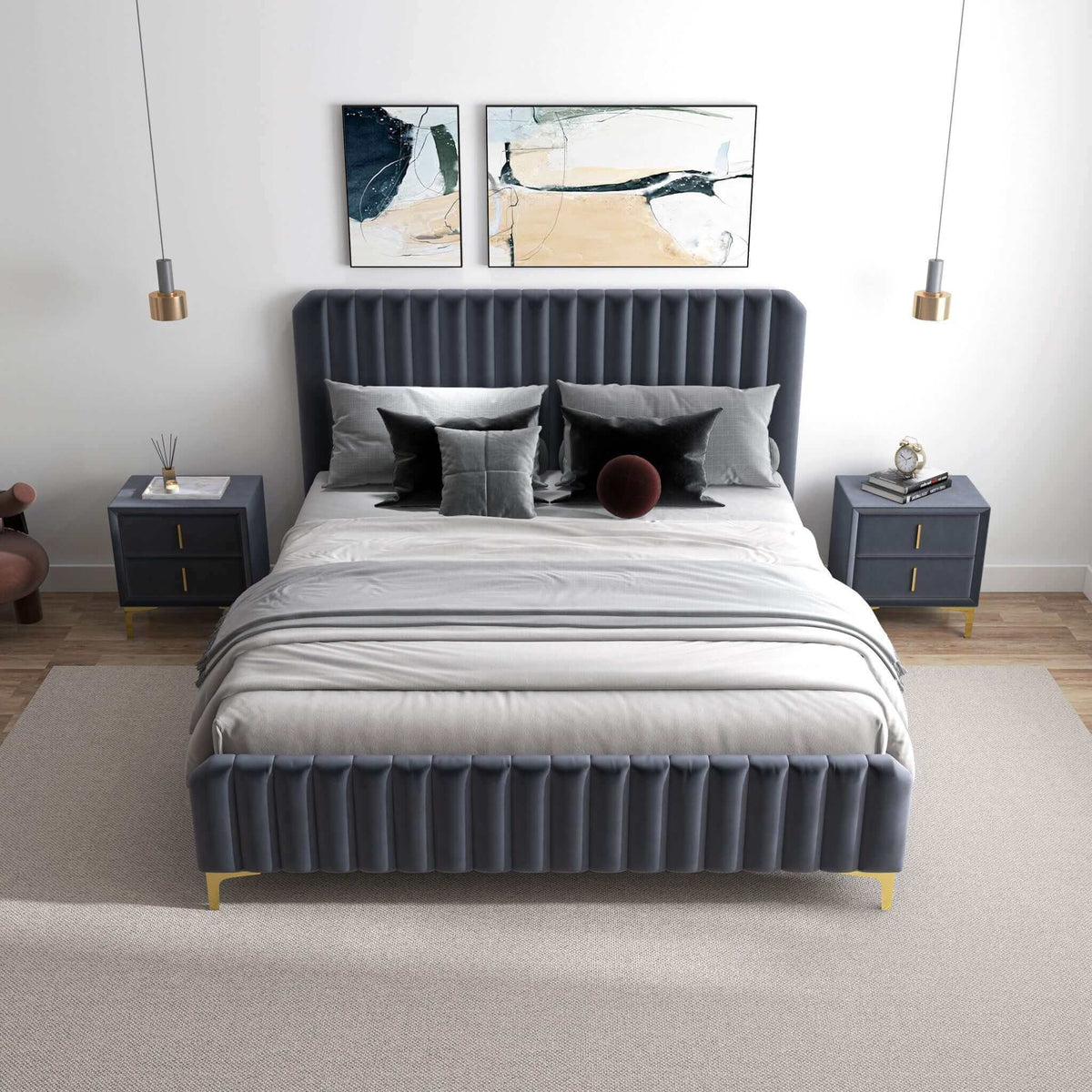 Bethany Velvet Upholstered Platform Bed Queen / Grey from Ashcroft Furniture - Luna Furniture
