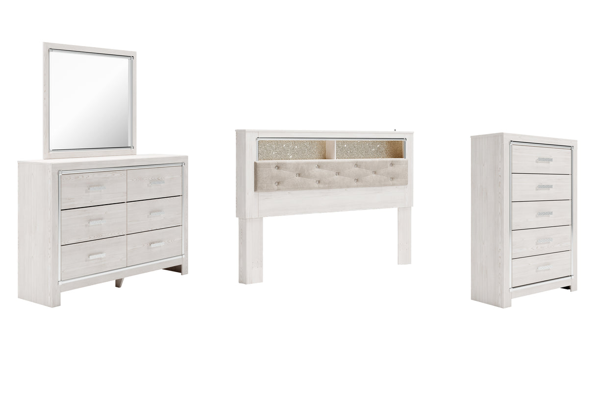 Altyra King Bookcase Headboard Bed with Mirrored Dresser and Chest in White from Ashley - Luna Furniture