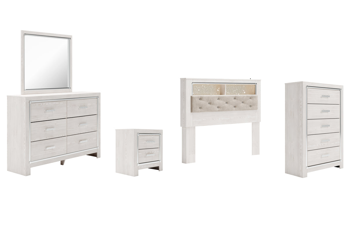 Altyra Queen Bookcase Headboard Bed with Mirrored Dresser, Chest and Nightstand in White from Ashley - Luna Furniture