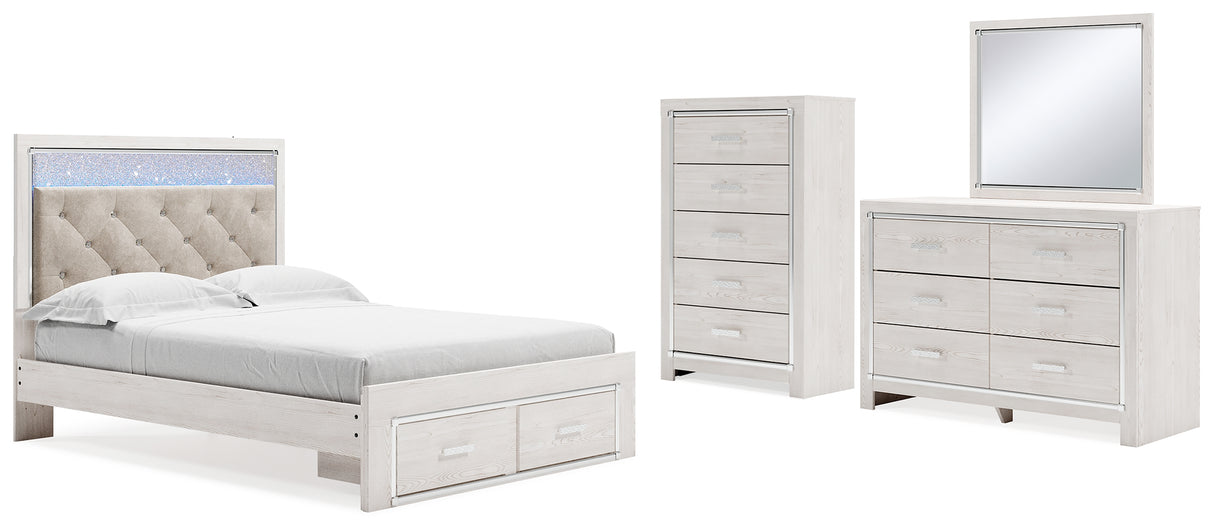 Altyra Queen Upholstered Storage Bed with Mirrored Dresser and Chest in White from Ashley - Luna Furniture