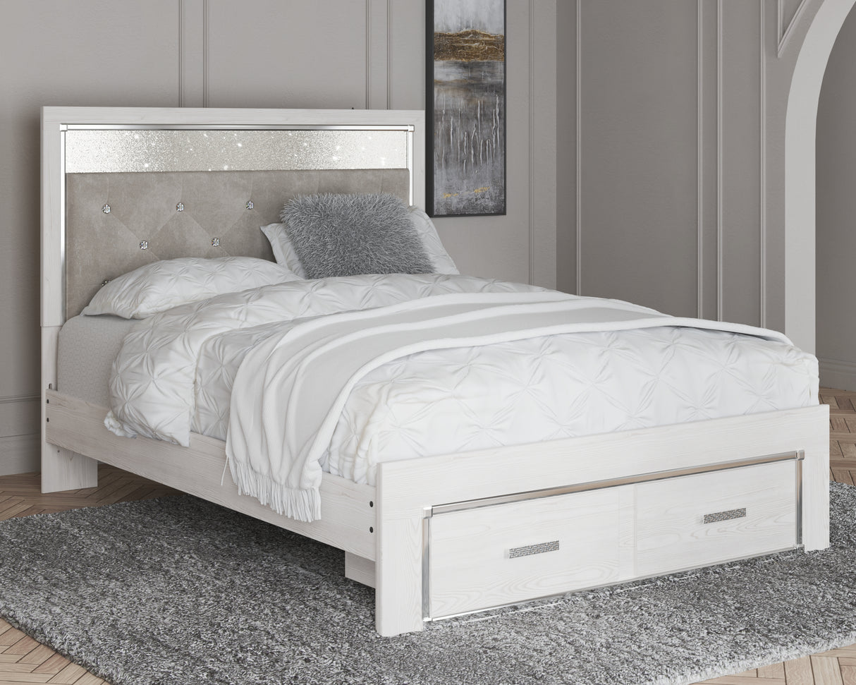 Altyra Queen Upholstered Storage Bed with Mirrored Dresser and Chest in White from Ashley - Luna Furniture