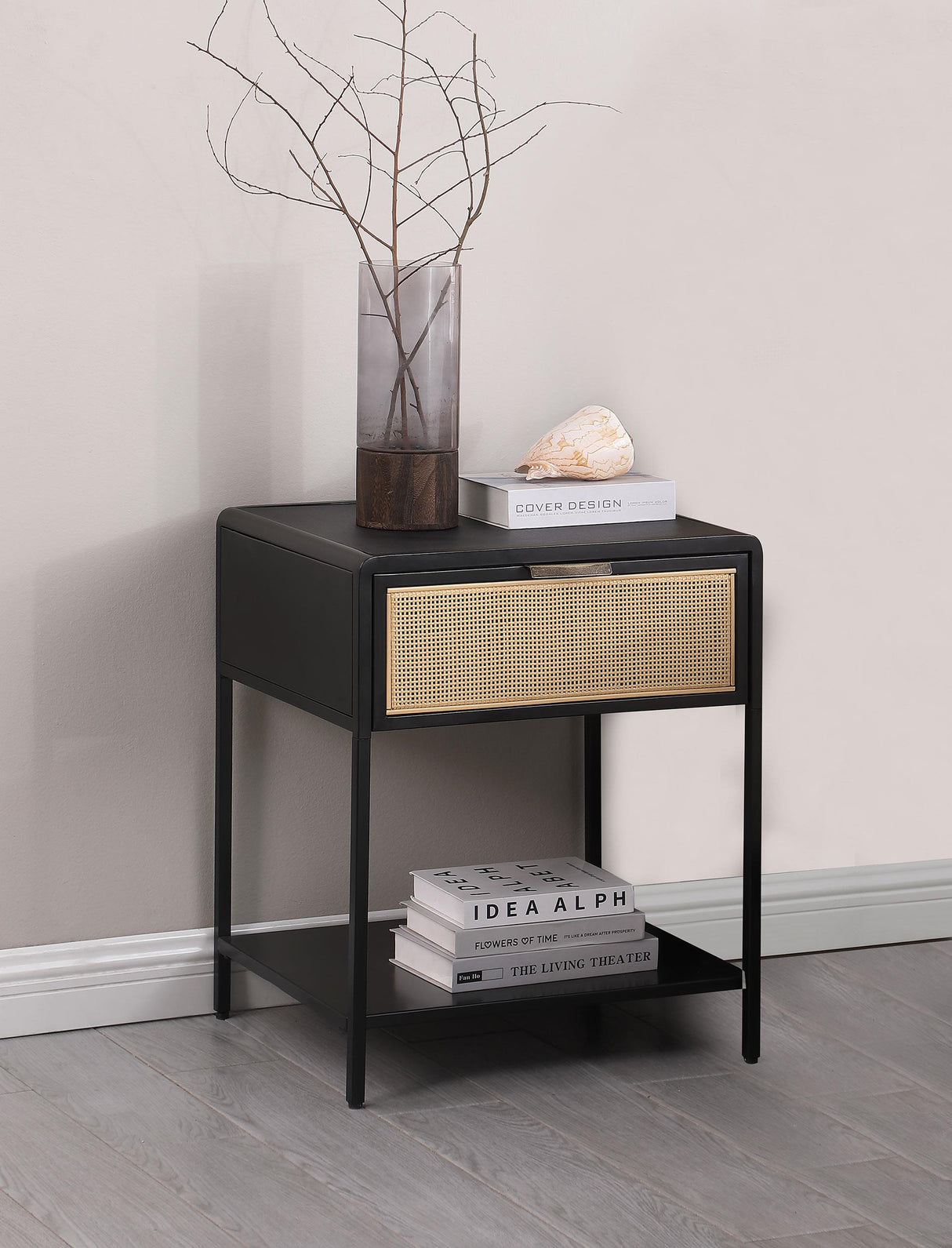Amherst Black 1-Drawer Radio Weave Rattan Metal Side Table from Coaster - Luna Furniture