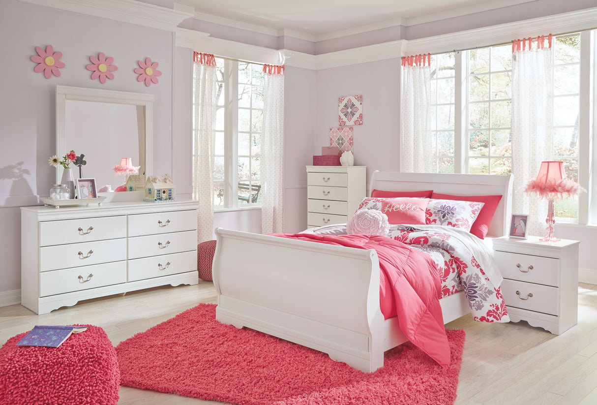 Anarasia Full Sleigh Bed with Mirrored Dresser, Chest and 2 Nightstands in White from Ashley - Luna Furniture