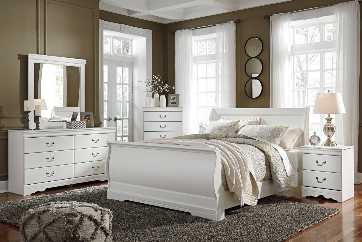 Anarasia Queen Sleigh Bed with Mirrored Dresser and 2 Nightstands in White from Ashley - Luna Furniture