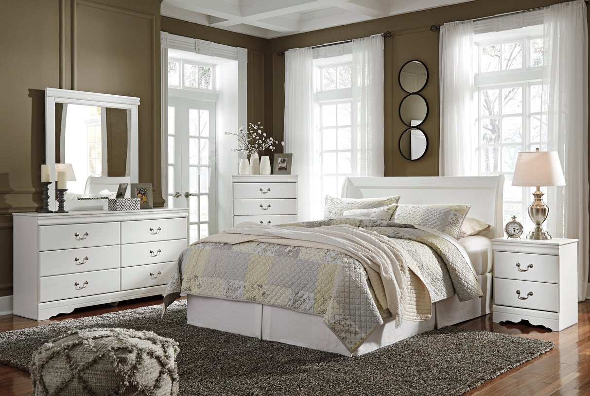 Anarasia Queen Sleigh Headboard Bed with Mirrored Dresser, Chest and Nightstand in White from Ashley - Luna Furniture