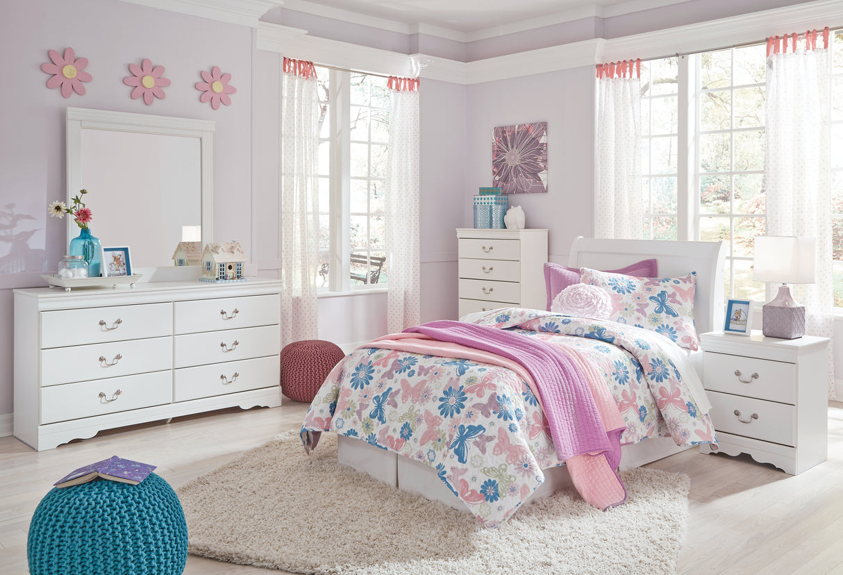 Anarasia Twin Sleigh Headboard Bed with Mirrored Dresser, Chest and 2 Nightstands in White from Ashley - Luna Furniture