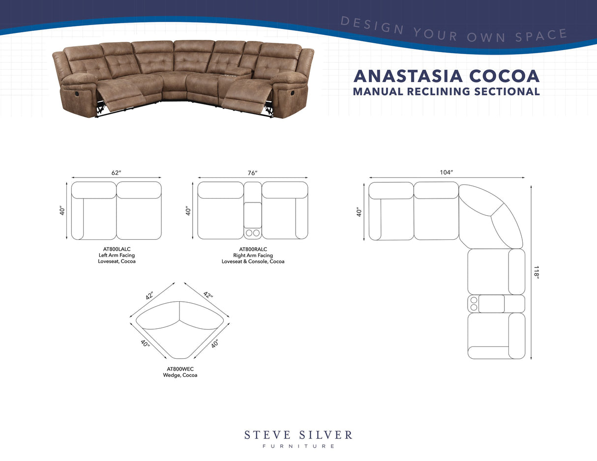 Anastasia Cocoa 3-Piece Reclining Sectional from Steve Silver - Luna Furniture