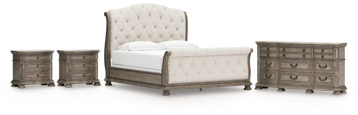 Ardenfield California King Upholstered Sleigh Bed with Dresser and 2 Nightstands in Light Brown from Ashley - Luna Furniture
