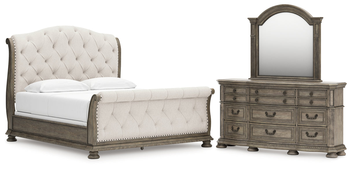 Ardenfield California King Upholstered Sleigh Bed with Dresser in Light Brown from Ashley Furniture - Luna Furniture