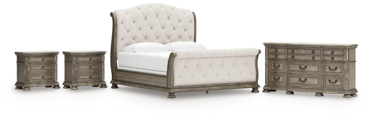 Ardenfield King Upholstered Sleigh Bed with Dresser and 2 Nightstands in Light Brown from Ashley Furniture - Luna Furniture