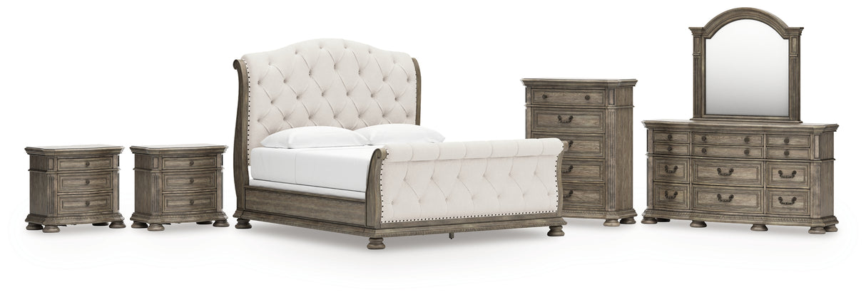 Ardenfield King Upholstered Sleigh Bed with Mirrored Dresser, Chest and 2 Nightstands in Light Brown from Ashley Furniture - Luna Furniture