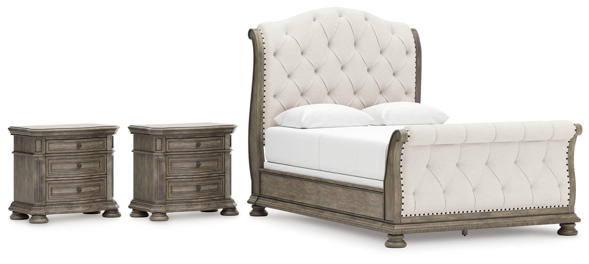 Ardenfield Queen Upholstered Sleigh Bed with 2 Nightstands in Light Brown from Ashley Furniture - Luna Furniture