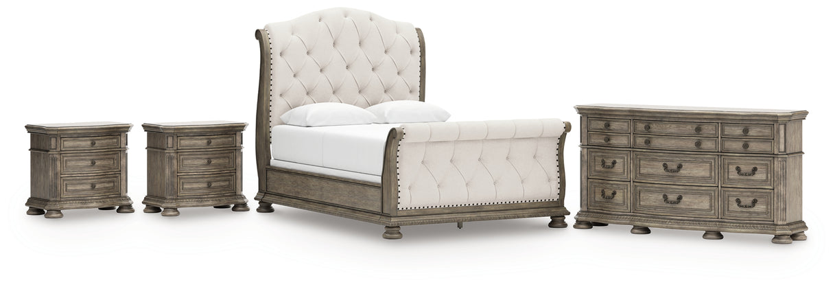 Ardenfield Queen Upholstered Sleigh Bed with Dresser and 2 Nightstands in Light Brown from Ashley Furniture - Luna Furniture