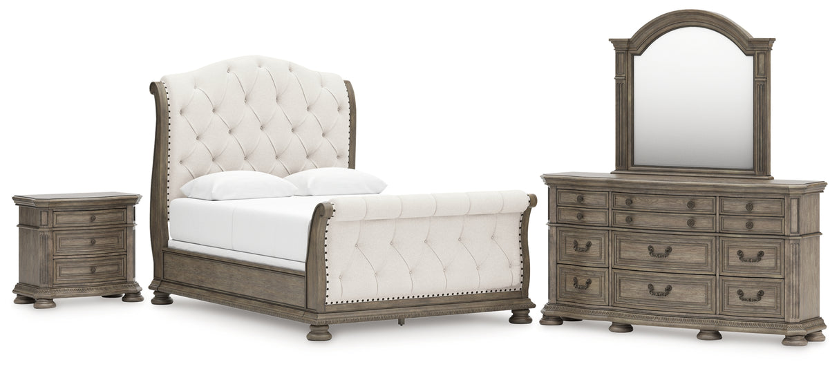 Ardenfield Queen Upholstered Sleigh Bed with Mirrored Dresser and Nightstand in Light Brown from Ashley Furniture - Luna Furniture