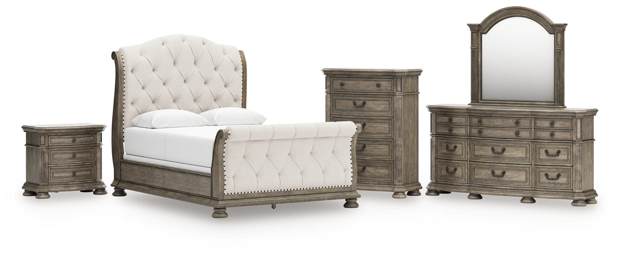 Ardenfield Queen Upholstered Sleigh Bed with Mirrored Dresser, Chest and Nightstand in Light Brown from Ashley Furniture - Luna Furniture