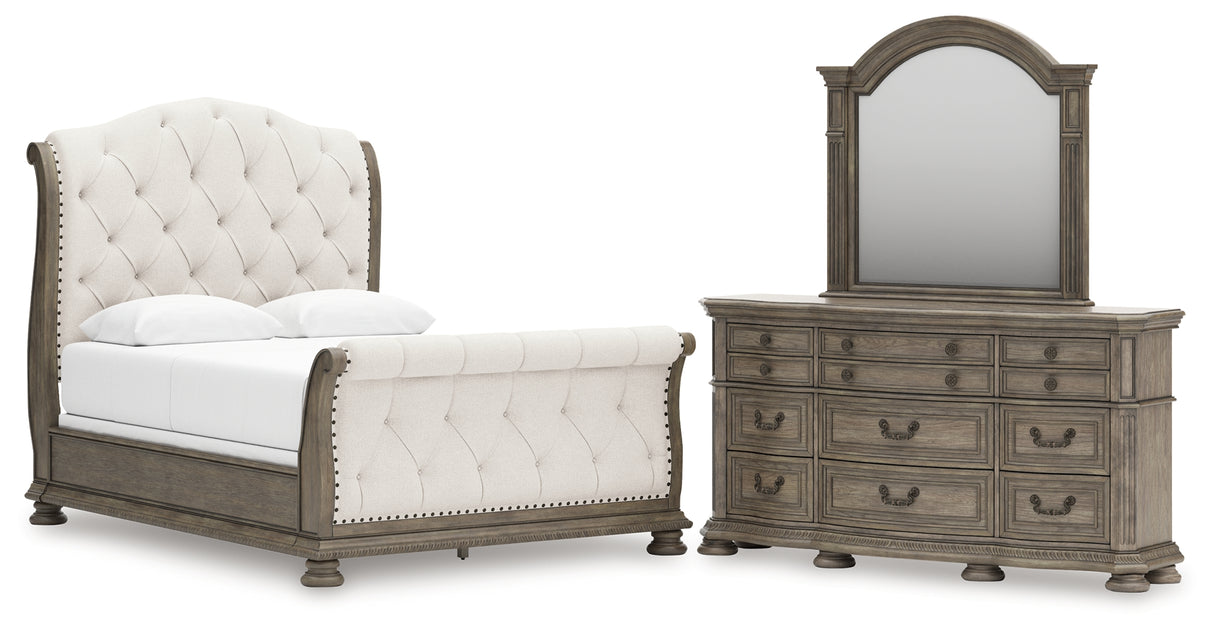 Ardenfield Queen Upholstered Sleigh Bed with Mirrored Dresser in Light Brown from Ashley - Luna Furniture