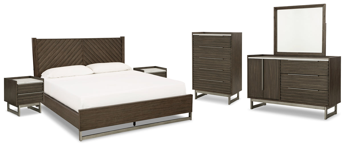 Arkenton California King Panel Bed with Mirrored Dresser, Chest and 2 Nightstands in Grayish Brown from Ashley - Luna Furniture