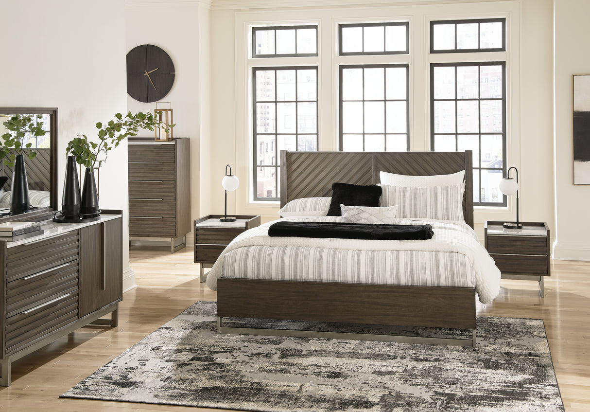 Arkenton King Panel Bed with Mirrored Dresser, Chest and 2 Nightstands in Grayish Brown from Ashley - Luna Furniture