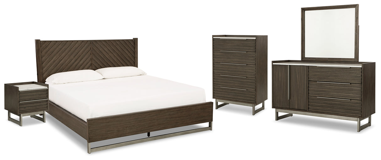 Arkenton Queen Panel Bed with Mirrored Dresser, Chest and Nightstand in Grayish Brown from Ashley - Luna Furniture
