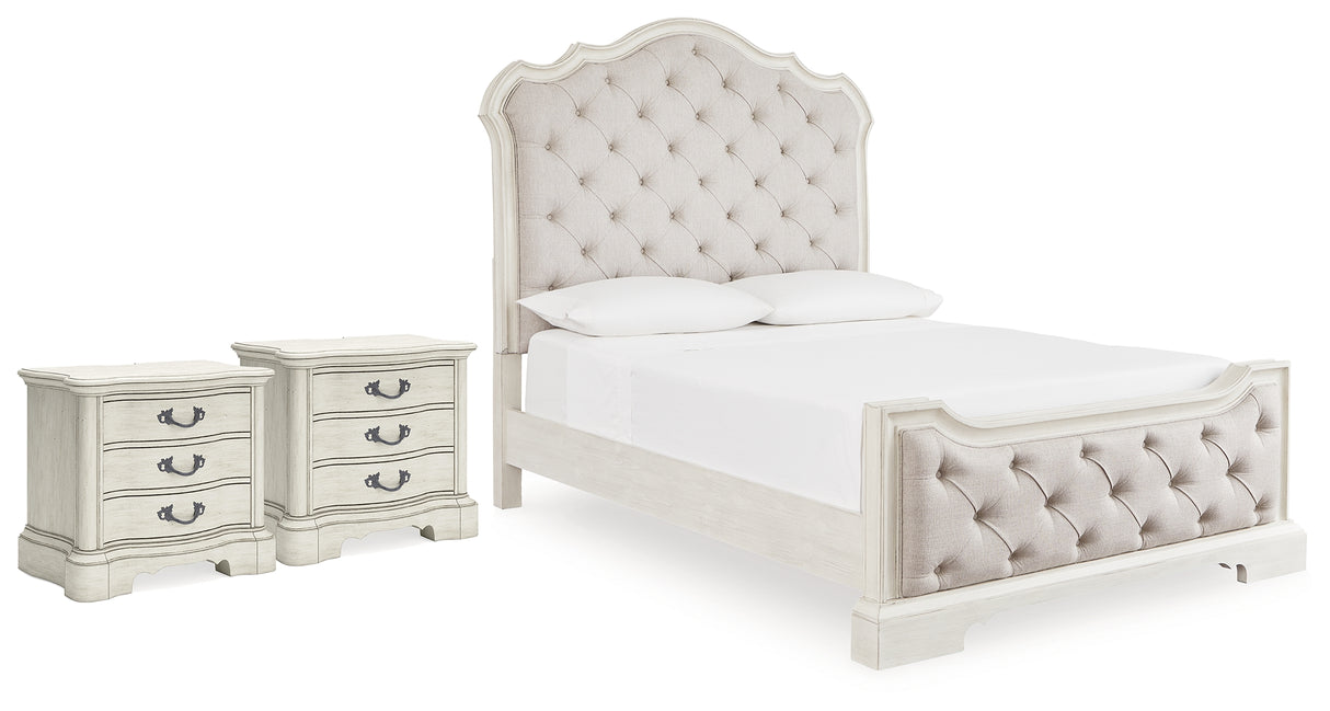 Arlendyne Antique White Queen Upholstered Panel Bed and 2 Nightstands from Ashley - Luna Furniture