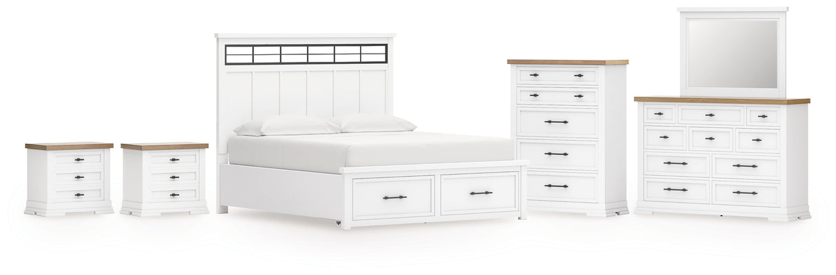 Ashbryn California King Panel Storage Bed with Mirrored Dresser, Chest and 2 Nightstands in White/Natural from Ashley - Luna Furniture