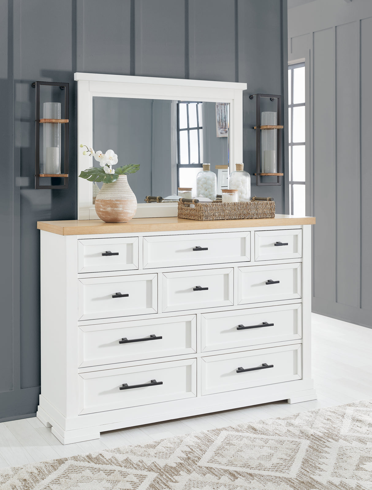 Ashbryn California King Panel Storage Bed with Mirrored Dresser, Chest and 2 Nightstands in White/Natural from Ashley - Luna Furniture