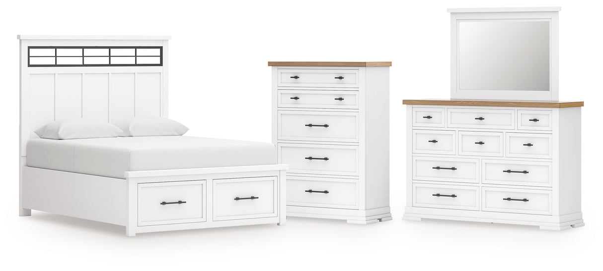 Ashbryn King Panel Storage Bed with Mirrored Dresser and Chest in White/Natural from Ashley - Luna Furniture