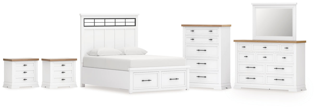 Ashbryn King Panel Storage Bed with Mirrored Dresser, Chest and 2 Nightstands in White/Natural from Ashley - Luna Furniture