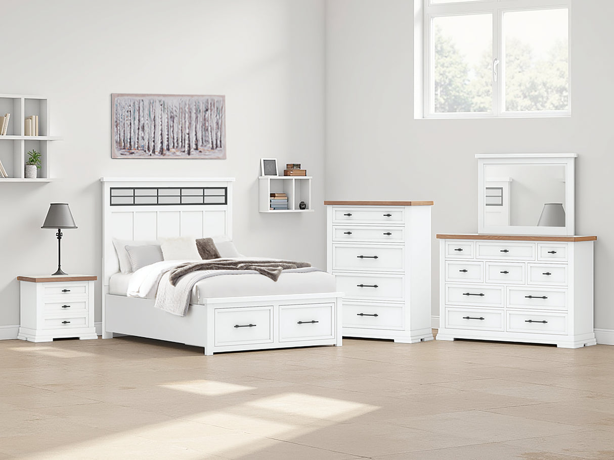 Ashbryn Queen Panel Storage Bed with Mirrored Dresser, Chest and 2 Nightstands in White/Natural from Ashley - Luna Furniture