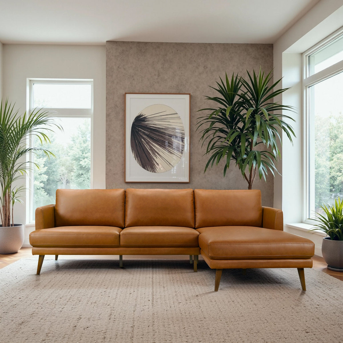 Lore L-Shaped Cognac Vegan Leather Right Sectional Sofa from Ashcroft Furniture - Luna Furniture