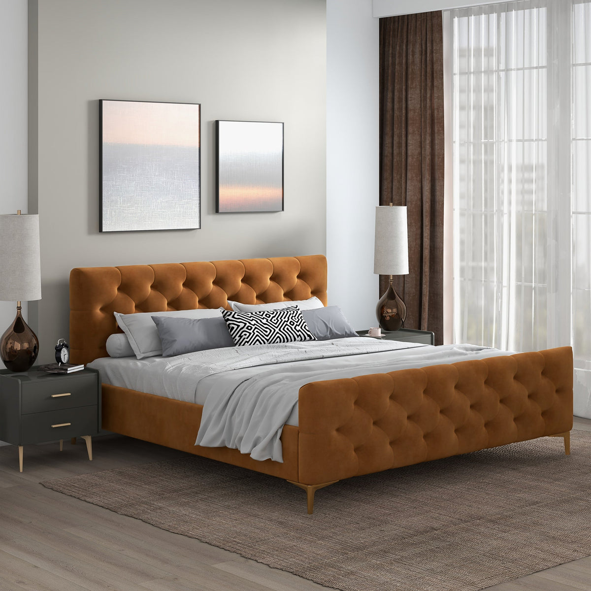 Bailey Velvet Upholstered Platform Bed King / Cognac from Ashcroft Furniture - Luna Furniture