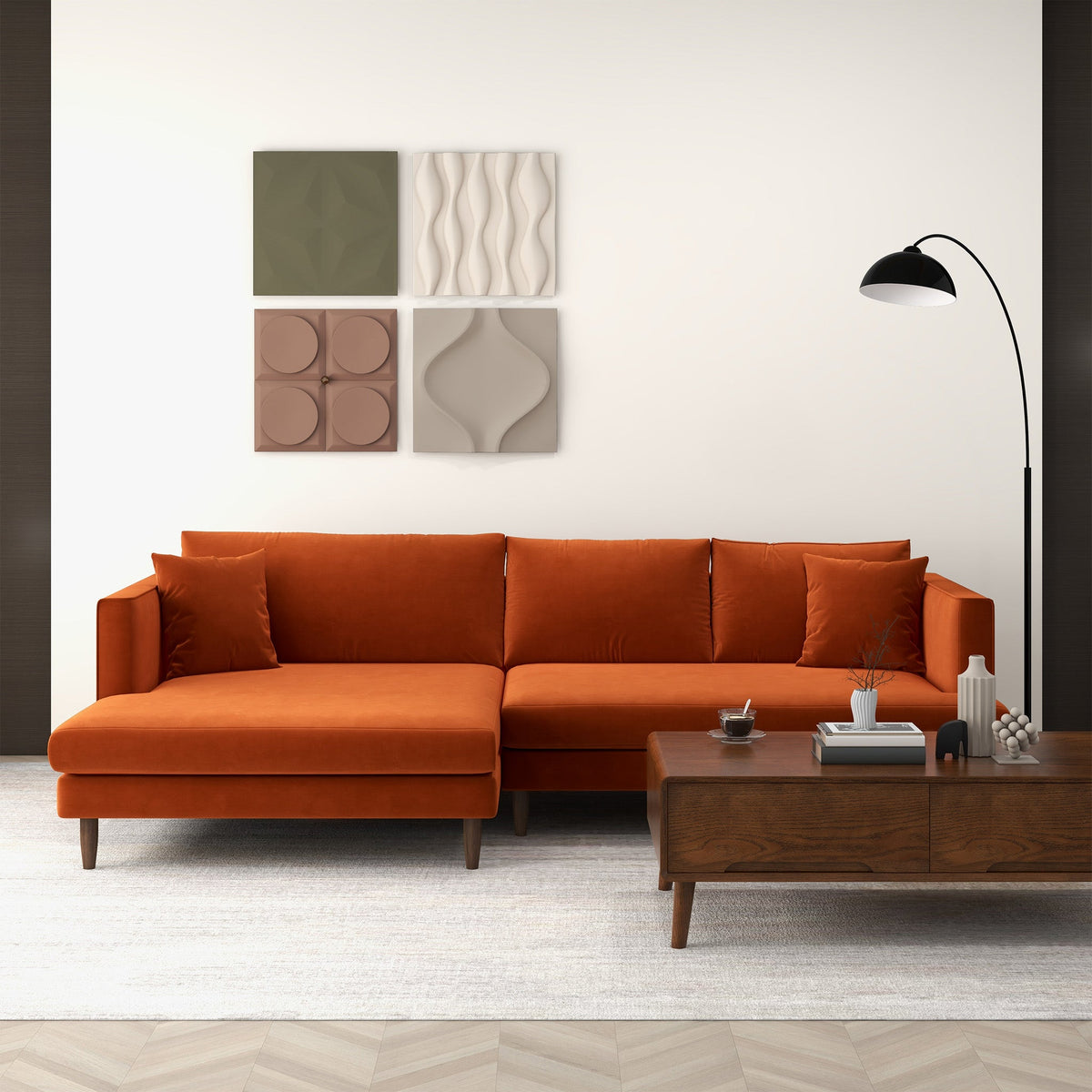 Blake L-Shaped Burnt Orange Velvet Left-Facing Sectional Sofa from Ashcroft Furniture - Luna Furniture