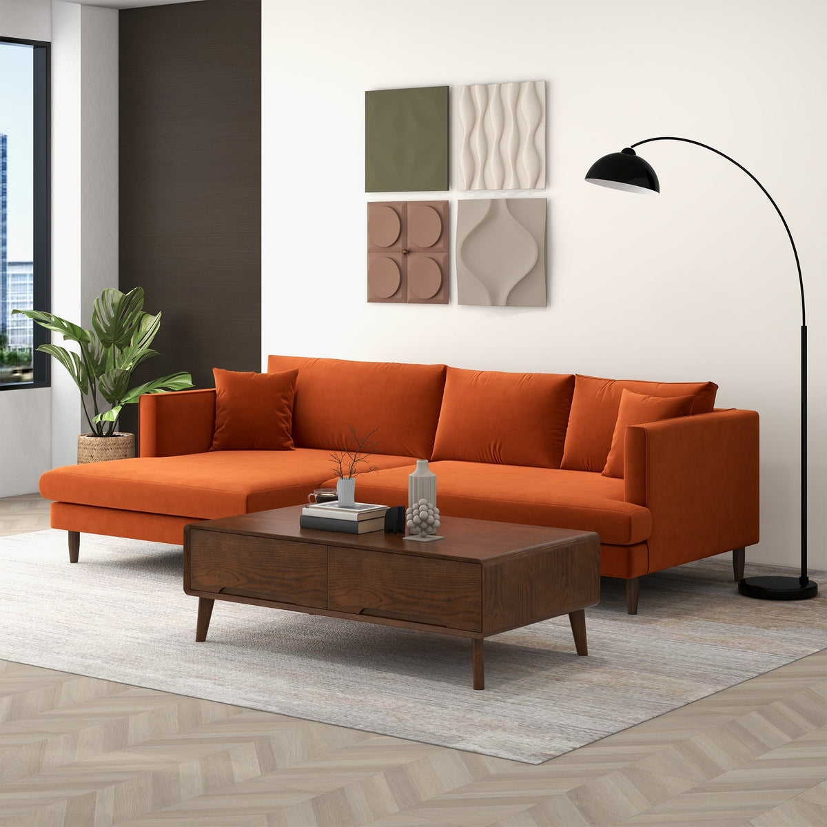 Blake L-Shaped Burnt Orange Velvet Left-Facing Sectional Sofa from Ashcroft Furniture - Luna Furniture