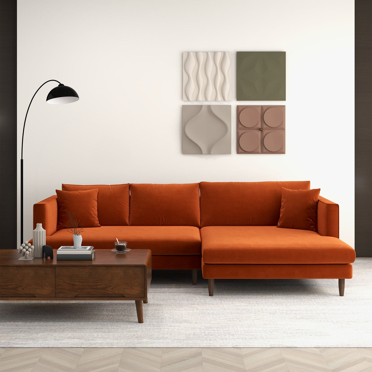 Blake L-Shaped Burnt Orange Velvet Right-Facing Sectional Sofa from Ashcroft Furniture - Luna Furniture