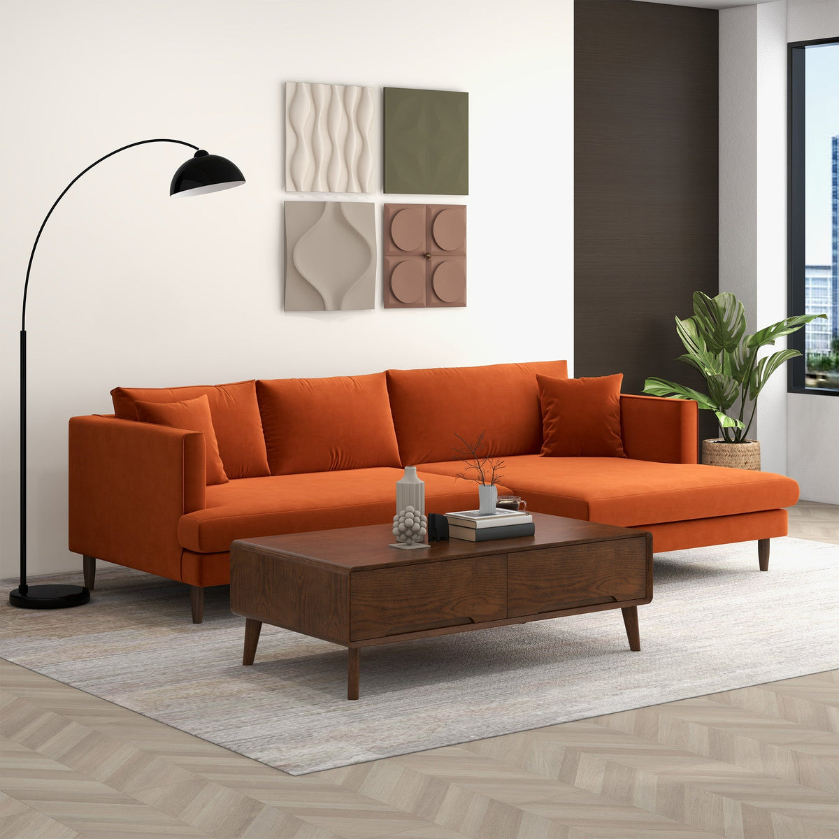 Blake L-Shaped Burnt Orange Velvet Right-Facing Sectional Sofa from Ashcroft Furniture - Luna Furniture