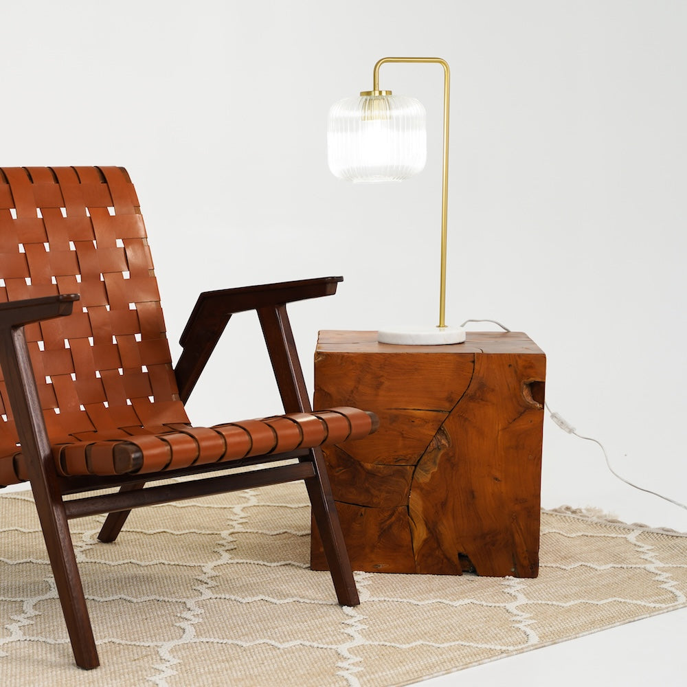 Haven Clear Glass Table Lamp, Gold Brush Metal and Marble Base, Button Control from Midinmod - Luna Furniture