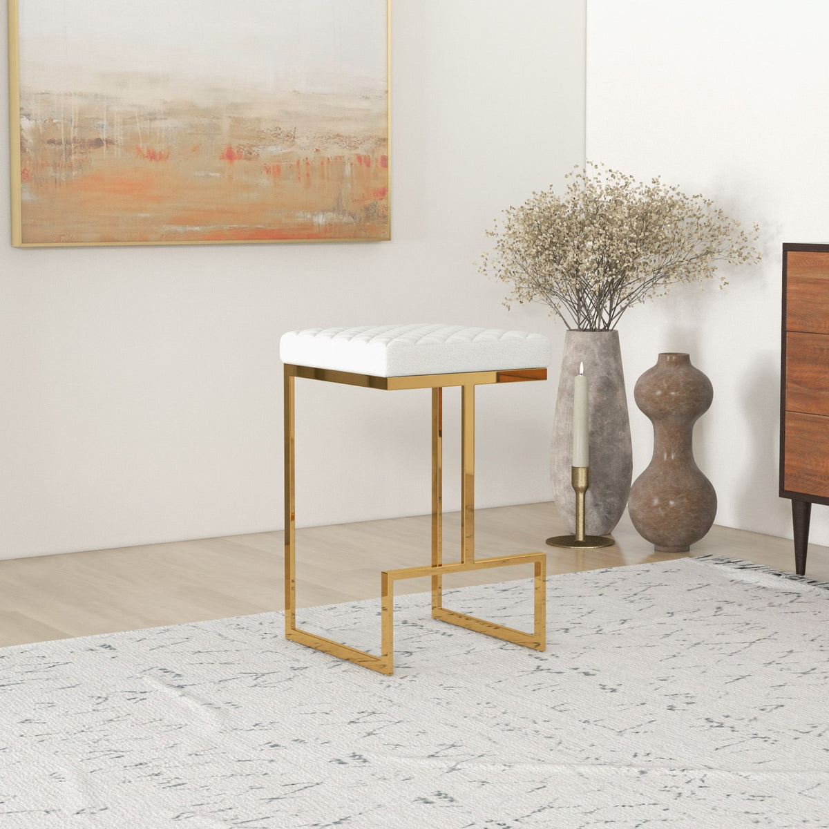 Joel Mid Century Modern Luxury Upholstered Stool 25.5" / Beige Boucle from Ashcroft Furniture - Luna Furniture