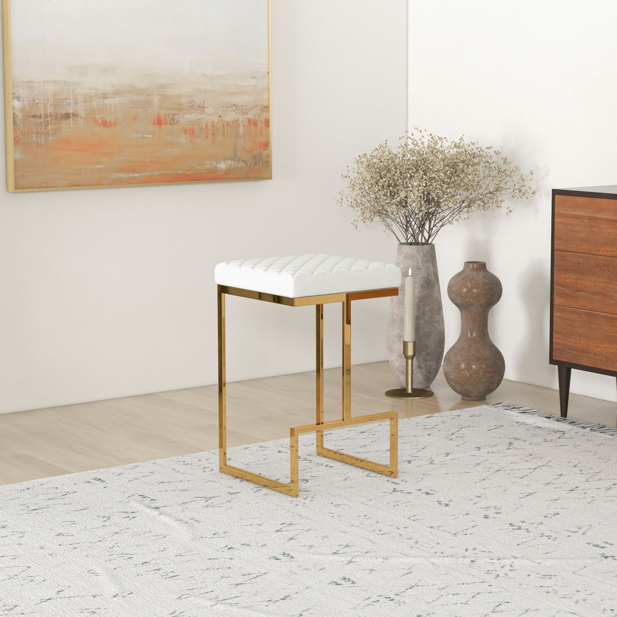 Joel Mid Century Modern Luxury Upholstered Stool 25.5" / Beige Boucle from Ashcroft Furniture - Luna Furniture