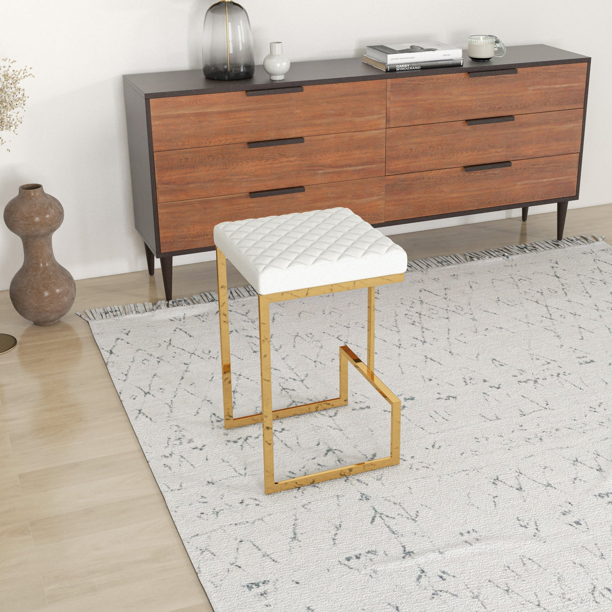 Joel Mid Century Modern Luxury Upholstered Stool 25.5" / Beige Boucle from Ashcroft Furniture - Luna Furniture
