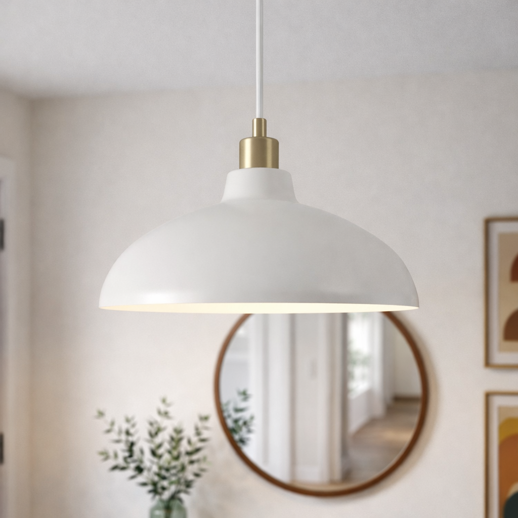 Astral Single Light White Pendant Lamp with Golder Brass Finish for Entrance Kitchen Island 14"D × 8"H from Ashcroft Furniture - Luna Furniture