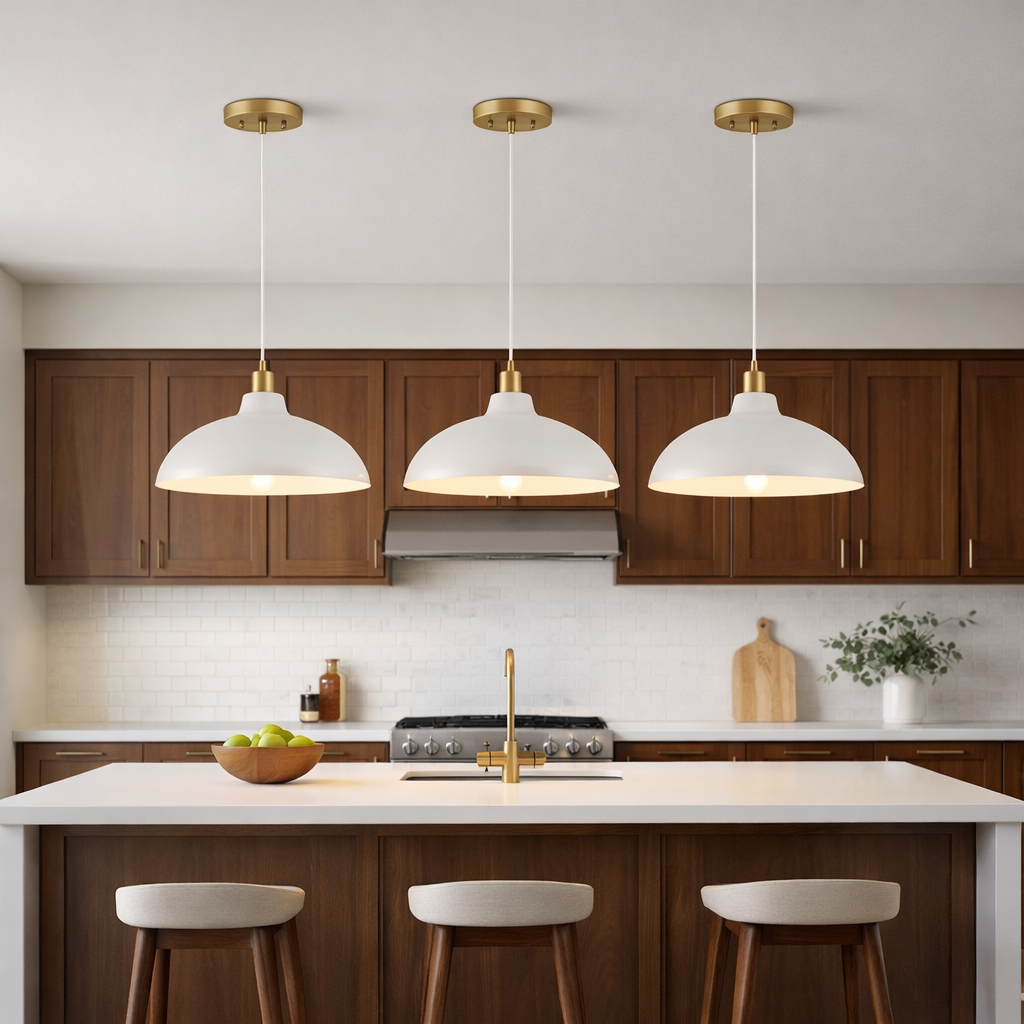 Astral Single Light White Pendant Lamp with Golder Brass Finish for Entrance Kitchen Island 14"D × 8"H from Ashcroft Furniture - Luna Furniture