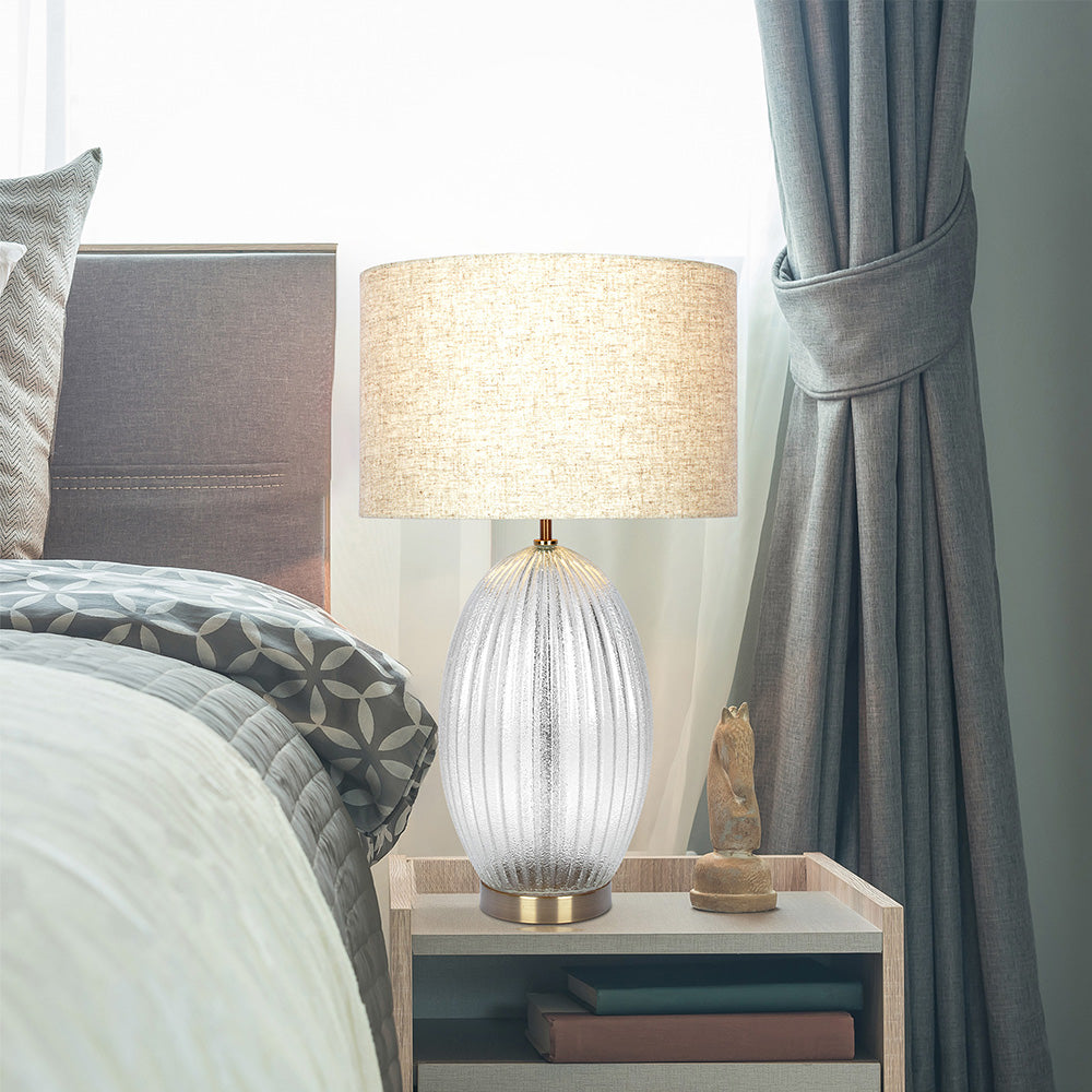 Aurora Ribbed Glass Lamp Base Clear Table Lamp Large Linen Shade from Midinmod - Luna Furniture
