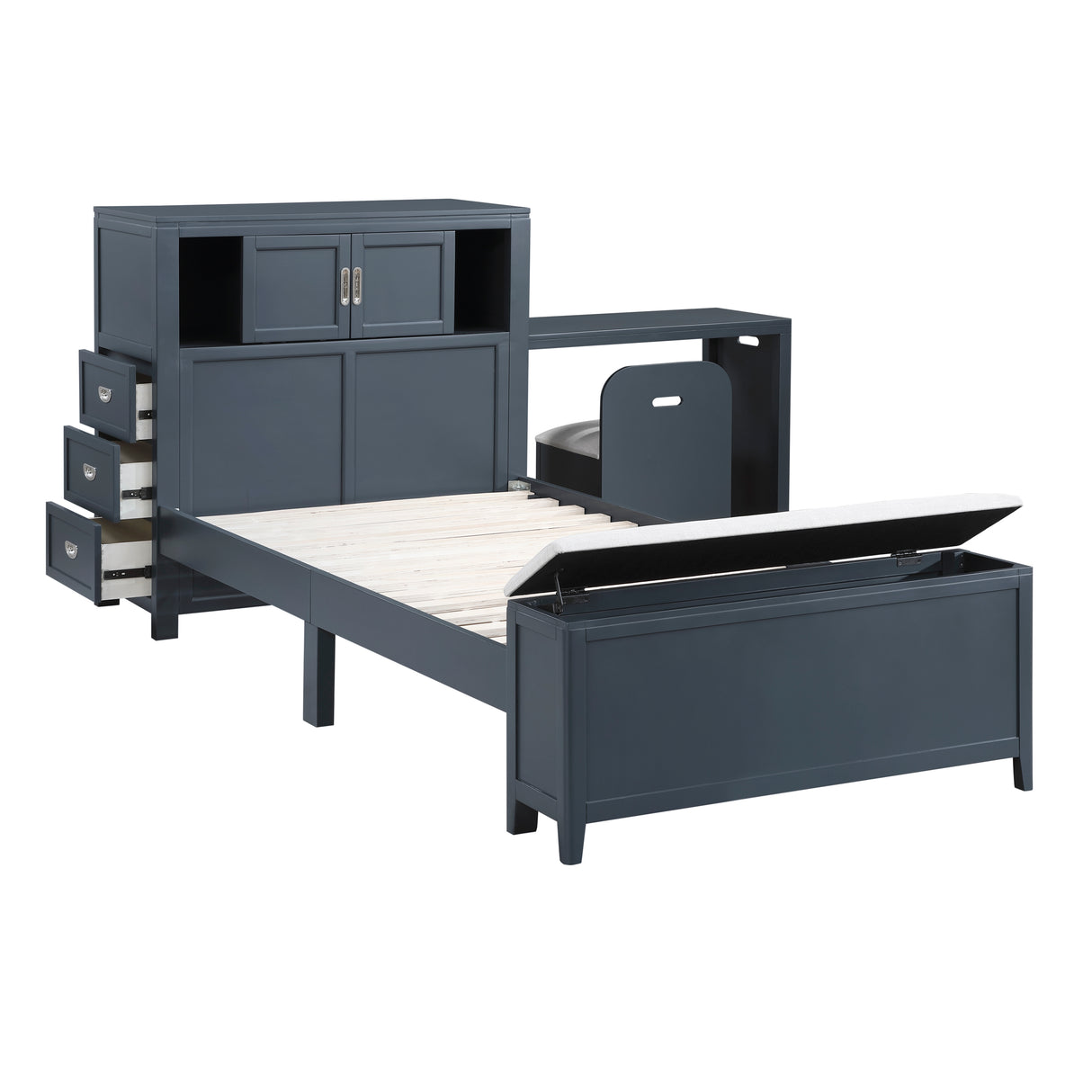 Sloane Navy Blue Twin Bookcase Bed with Hidden Desk, Stool and Storage Bench from Homelegance - Luna Furniture