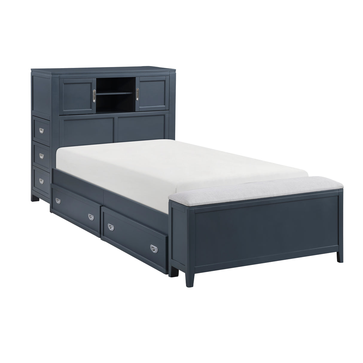 Sloane Navy Blue Twin Bookcase Bed with Hidden Desk, Stool and Storage Bench from Homelegance - Luna Furniture