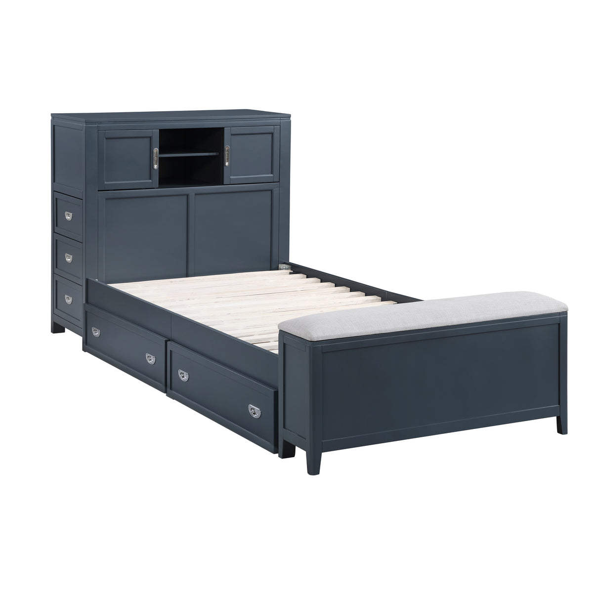 Sloane Navy Blue Twin Bookcase Bed with Hidden Desk, Stool and Storage Bench from Homelegance - Luna Furniture