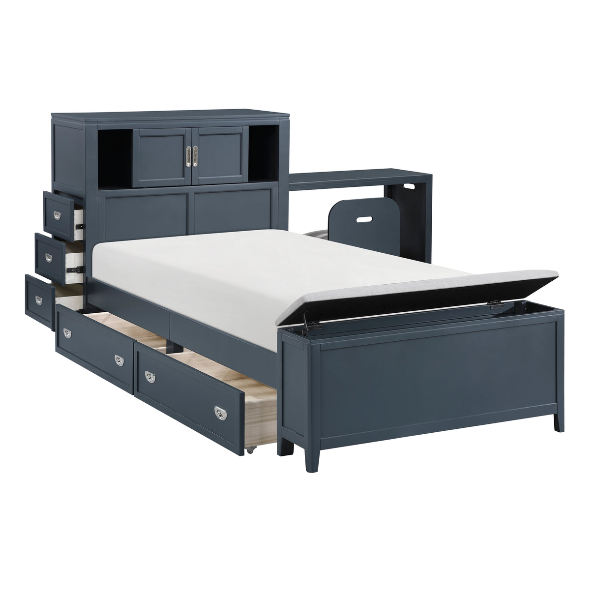 Sloane Navy Blue Twin Bookcase Bed with Hidden Desk, Stool and Storage Bench from Homelegance - Luna Furniture