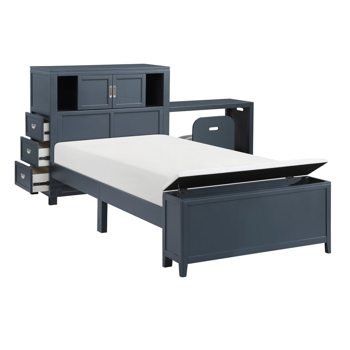 Sloane Navy Blue Twin Bookcase Bed with Hidden Desk, Stool and Storage Bench from Homelegance - Luna Furniture