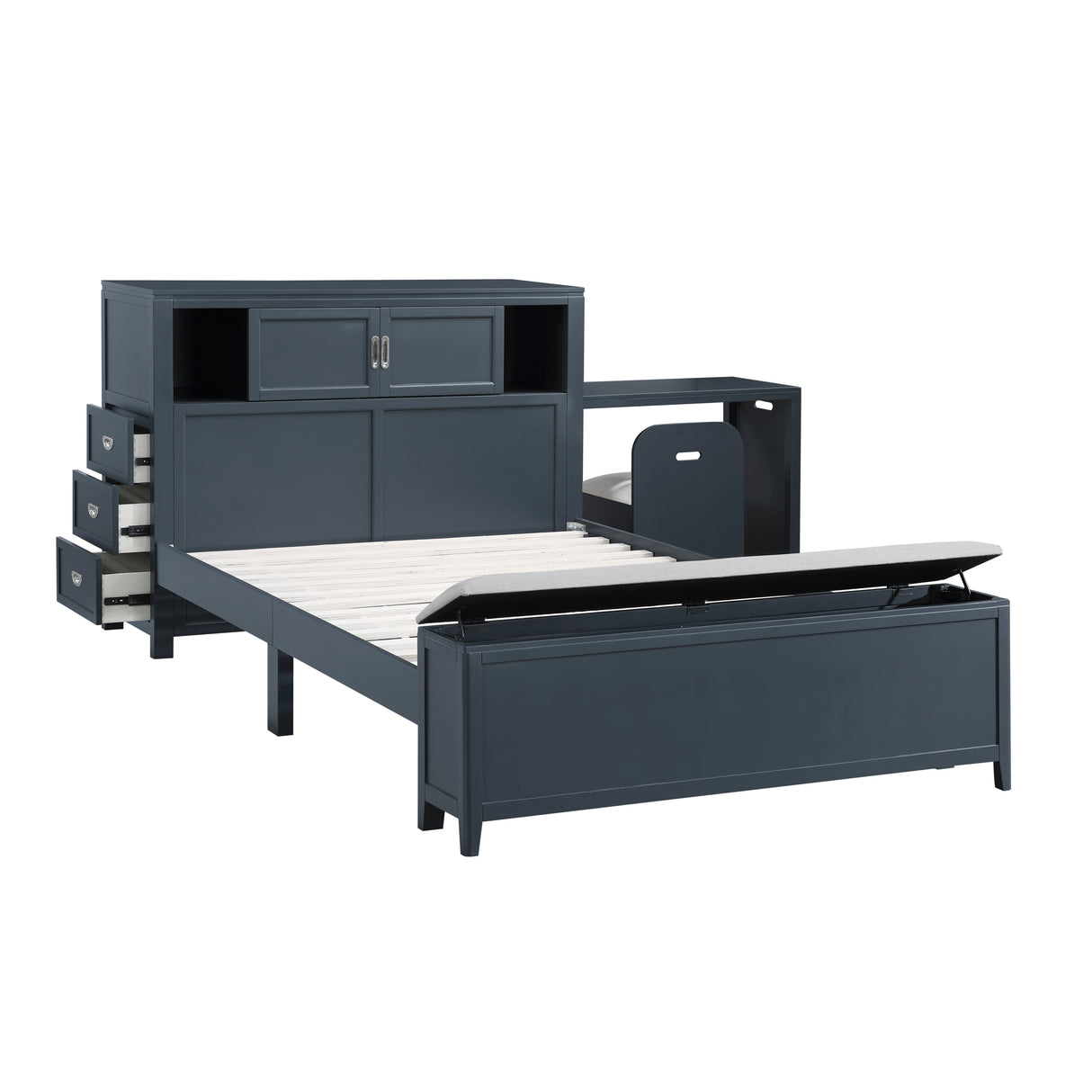 Sloane Navy Blue Full Bookcase Bed with Hidden Desk, Stool and Storage Bench from Homelegance - Luna Furniture