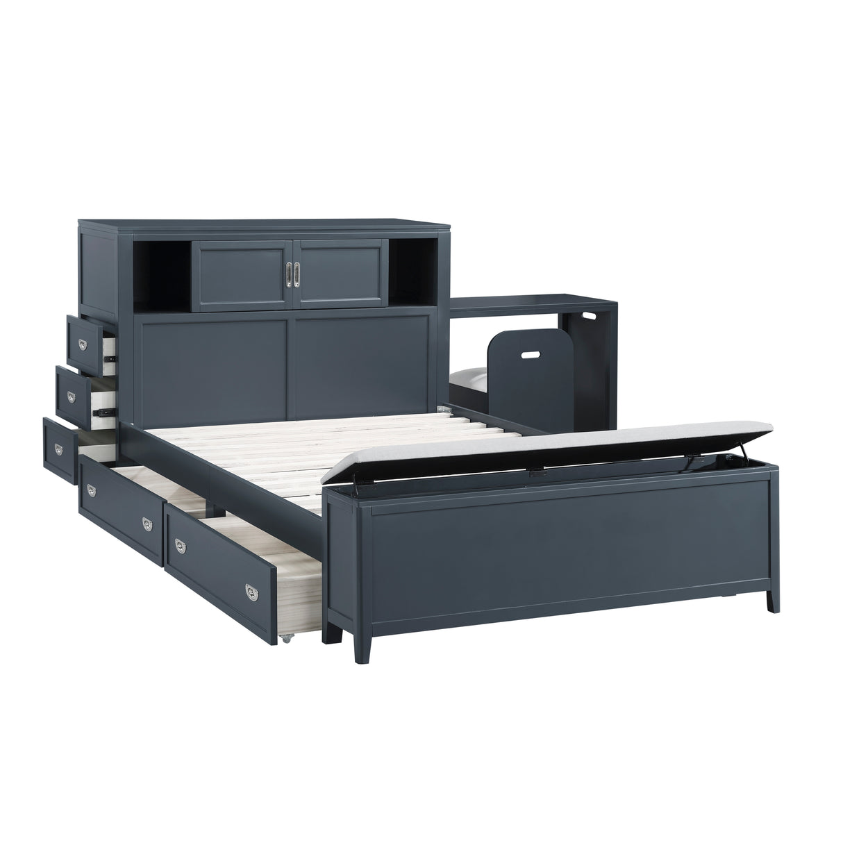 Sloane Navy Blue Full Bookcase Bed with Hidden Desk, Stool and Storage Bench from Homelegance - Luna Furniture