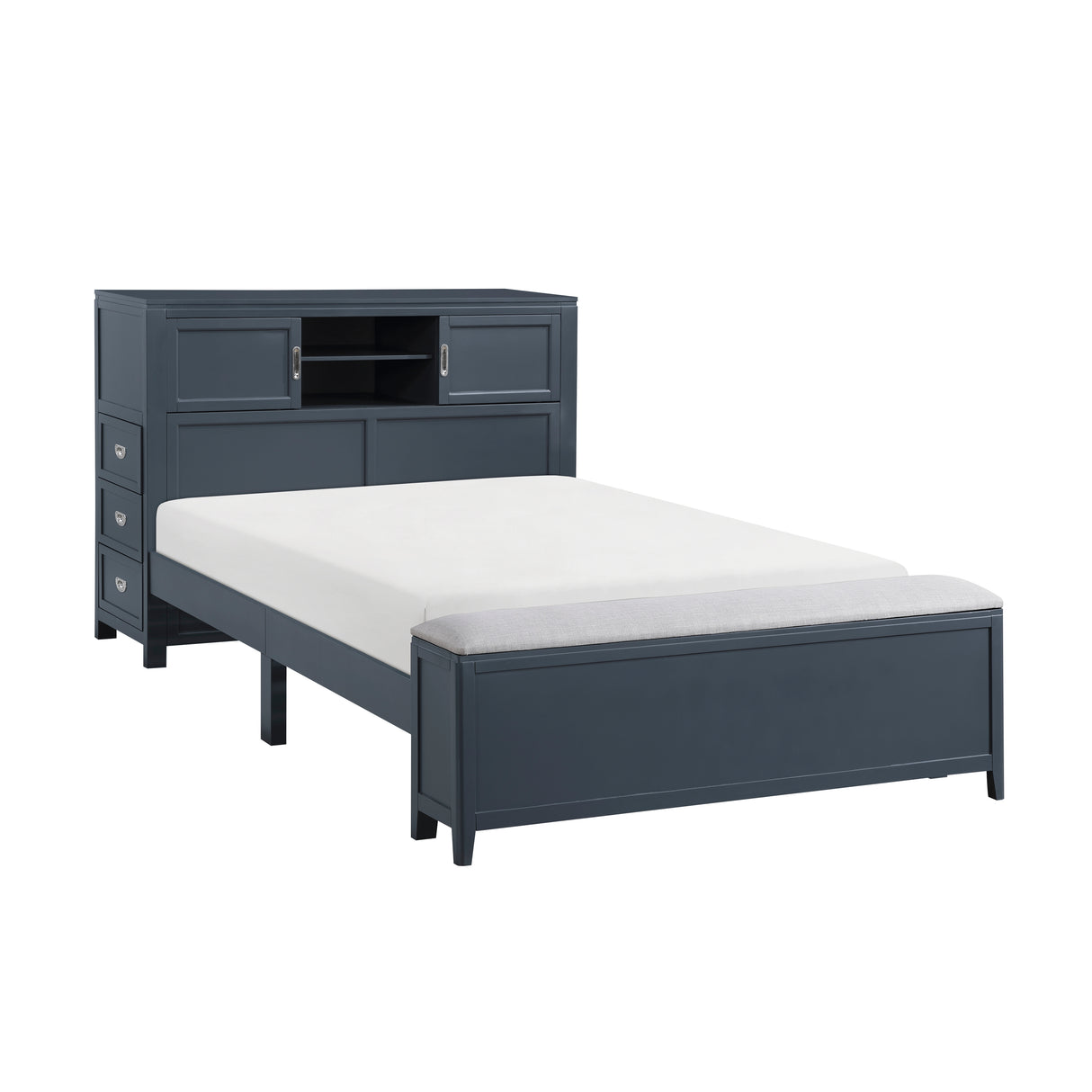 Sloane Navy Blue Full Bookcase Bed with Hidden Desk, Stool and Storage Bench from Homelegance - Luna Furniture